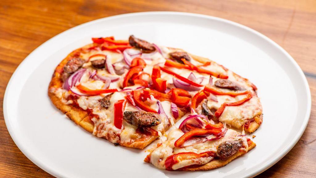 Mediterranean Pizza For Two · Roasted red pepper, onions, mozzarella, lamb sausage, tomato sauce.