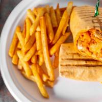 Buffalo Chicken Wrap · Crispy Buffalo chicken strips served with lettuce, celery, tomatoes, and blue cheese dressing.