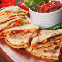 Veg Quesadilla · Diced tomatoes, onions, cilantro, sharp cheddar, peppers served in a warm quesadilla with so...