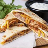Bbq Pulled Pork Quesadilla · Pulled Pork Quesadilla with diced tomato, onions, fresh cilantro, hot jalapeños, delicious a...