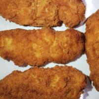 Chicken Fingers · Four pieces of battered chicken fried to a golden brown.