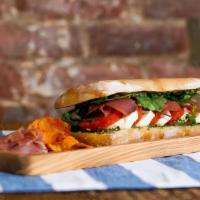 Grilled Chicken Pesto  · Grilled chicken, mozzarella cheese, roasted peppers, mix greens & nut-free pesto.
