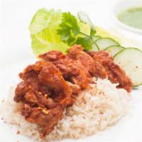 Spicy Fried Chicken Bowl · (GAI-ZAAB) Crispy boneless chicken thigh with ginger rice, lettuce, tomato, cucumber & a sid...