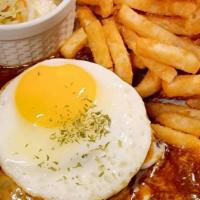 Cheese Hambak  · Beef & Pork patty stuffed with Mozzarella cheese topped with a fried egg. Served with fries.