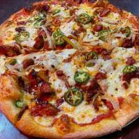 Spicy Chicken Pizza (Dak Kalbi Pizza) · Spicy Gochujang Chicken , roasted garlic, jalapenos, Mozzarella cheese and onions.