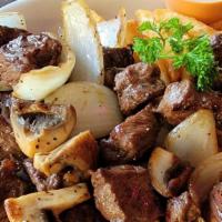Steak  Cubes W. Mushrooms & Onions · Cubed Flat Iron Steak w. sauteed mushrooms & onions. Served w. fries.
