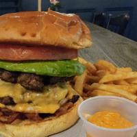 Jj House Burger · Double patty, American cheese, sauteed onions, lettuce, tomatoes, bacon, fried egg & pickles...