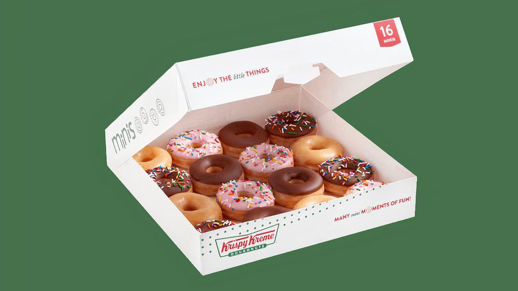 16 Count Assorted Minis · This assortment features 16 of our mini doughnuts. Each box includes 4 Strawberry Iced minis with sprinkles, 4 chocolate iced minis with sprinkles, 4 of our traditional chocolate iced minis, & 4 Original Glazed® minis.