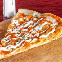 Buffalo Chicken Pizza · Chicken, Buffalo sauce, blue cheese and mozzarella.