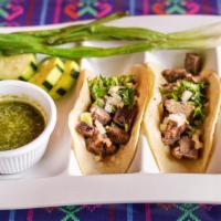 Tacos · Order of 3 White Corn Tortillas with your choice of Meat. Topped w/ Fresh Onions, Cilantro &...