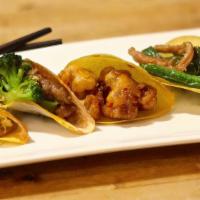 Chinese Tacos · Soy glazed chicken taco - sliced chicken breast thigh cooked with a soy glaze & vegetables. ...
