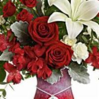 Teleflora'S Charming Heart Bouquet · Take her Valentine's Day breath away with this passionate red rose and white lily bouquet, p...