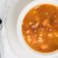 Minestrone · Fresh vegetables and beans in broth with pasta.