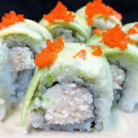 Caterpillar Roll · Spicy crab topped with avocado, two sauces and sesame seeds.