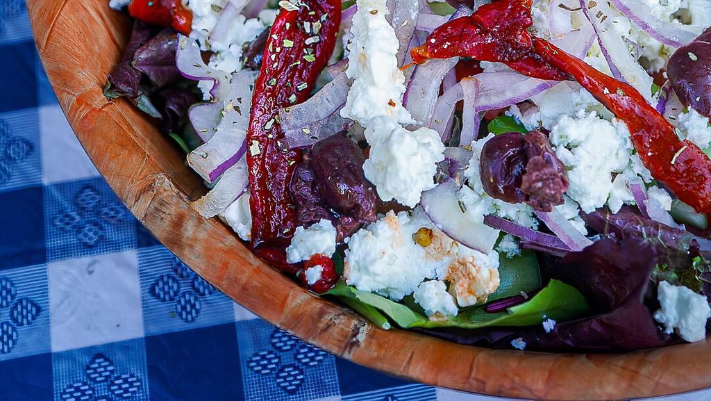 Original Greek Salad · Fresh mescaline, tomato, cucumber, imported Kalamata olives, sweet red onion & imported feta cheese.