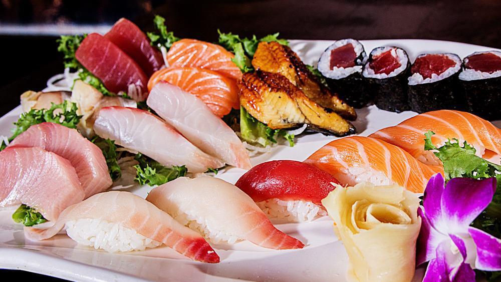 Sushi & Sashimi Combo · Five pieces sushi, twelve pieces sashimi and one tuna roll