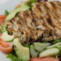 Grilled Chicken Salad · Over mixed greens with tomato, cucumbers, onions, peppers and kalamata olives.