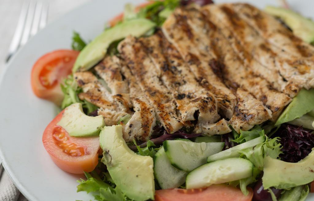 Grilled Chicken Salad · Over mixed greens with tomato, cucumbers, onions, peppers and kalamata olives.