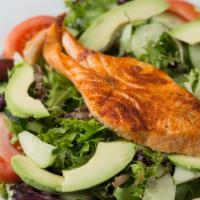 Grilled Salmon Salad · Grilled shrimp over mixed greens with tomato, cucumber and kalamata olives.