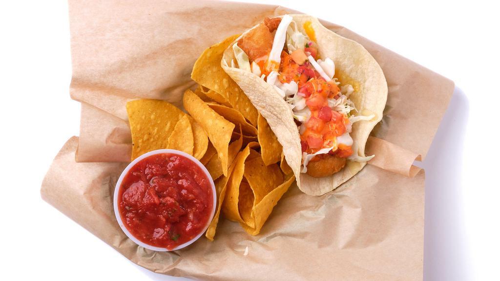 Cabo Taco · Tender battered white fish, shredded cheese, pico de gallo, shredded TropiCali lettuce and roasted red pepper sauce. served with chips and salsa.