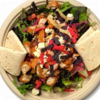 Jaco Salad · Choice of grilled marinated or crispy chicken served over mixed greens with feta cheese, sli...