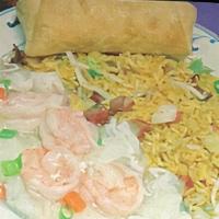 Shrimp With Lobster Sauce Combo Platter · Served with egg roll and pork fried rice.