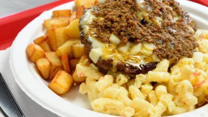 Roc The Garbage Mac & Cheese · Spin on the ‘plate’ with grilled burger, chunks of potatoes and meat sauce. Topped with bread crumbs and butter. Mac and cheese Rochester style!