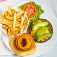 Avocado Veggie Burger · Veggie Burger Patty topped with Cheddar and Jack Cheese Blend & topped with Fresh Avocado. S...