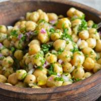 Chickpeas Salad (Gf,V) · Chickpeas with diced onions, tomatoes, cucumber and cilantro tossed in lemon dressing with s...