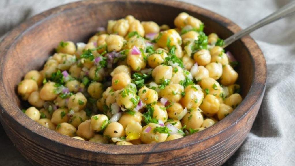 Chickpeas Salad (Gf,V) · Chickpeas with diced onions, tomatoes, cucumber and cilantro tossed in lemon dressing with salt and pepper