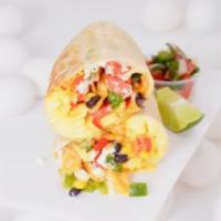 Huevos Rancheros Burrito · 3 fresh cracked cage-free scrambled eggs, queso fresco cheese, grilled peppers and onions, f...
