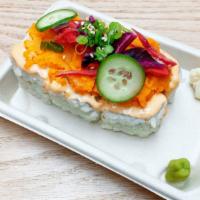 Piri Camote · Spicy yam potato, red pickles, avocado, cucumber, spicy mayo, scallion. Touch of sweetness a...