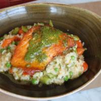 Pan Seared Salmon · Vegetable risotto, herb vinaigrette.