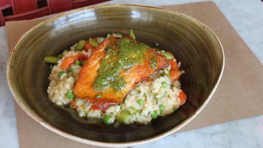 Pan Seared Salmon · Vegetable risotto, herb vinaigrette.