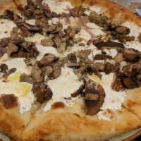 Funghi · Stone-fired mushrooms, gorgonzola, fresh mozzarella, caramelized onions, white truffle oil, ...