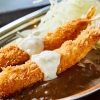 Shrimp Curry · 2 Tempura-fried shrimp with tartar sauce, with Japanese curry and shredded cabbage over rice...