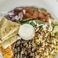 Gyro Combination Platter · Mix gyro Platter served with lamb, chicken, rice, pita and can soda,