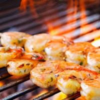 Shrimp Special Bbq · Shrimp marination process grill on charbroiler, served with rice salad, and sauce.