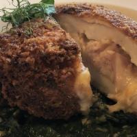 Chicken Cordon Bleu · Breaded french chicken breast, stuffed with gruyere & ham, sautéed spinach, whole grain must...