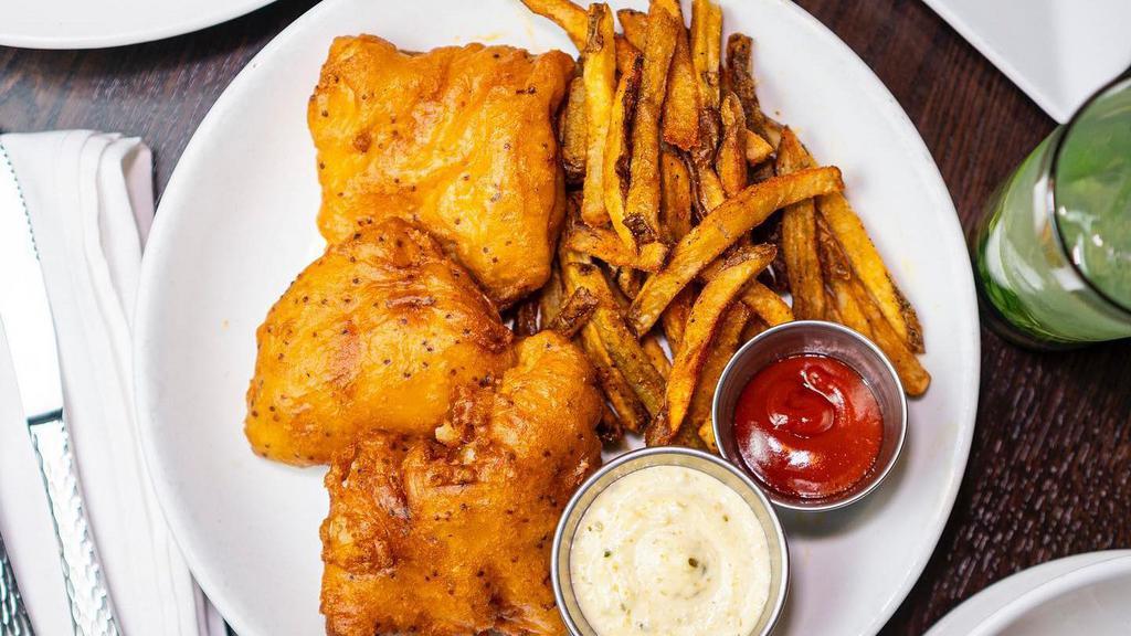Fish & Chips · Fresh beer-battered cod, house cut fries house-made tartar sauce.