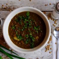 Sopa De Lentejas · vegan lentil soup with cilantro rice.