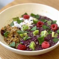 Açai Bowl · Acai, banana and blueberry blend, coconut yogurt,  granola, kiwi, raspberries, chia seeds, c...
