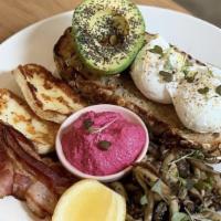 Bright Side Big Breakfast · Two poached eggs, sourdough toast, avocado, bacon, grilled halloumi, sautéed mushrooms, beet...