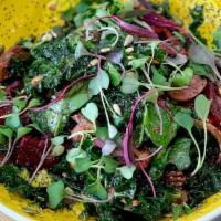 Kale Salad · Beets, mushroom, turmeric tahini, pickled chili, seeds, candied pecans, lemon vinaigrette.
