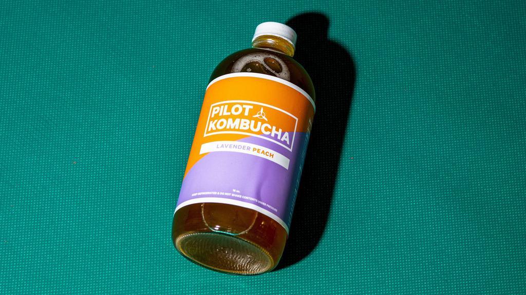 Pilot Kombucha Lavender Peach · Vegetarian, Vegan, Gluten-Free. Sweet peach with just a hint of lavender and bergamot, this flavor lingers in your daydreams just like the one that got away. Perfect for a hot summer morning or a crisp fall day.