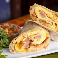 Ham, Egg & Cheese Breakfast Burrito · Freshly sliced ham with scrambled eggs cheese and pico de gallo