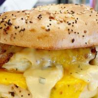 Egg And Cheese On Everything Bagel · Meat bacon of your choice on an egg patty and extra chap cheddar cheese in an everything bag...