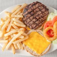 Deluxe Cheeseburger · Served with french fries, lettuce, tomato, coleslaw and pickle.