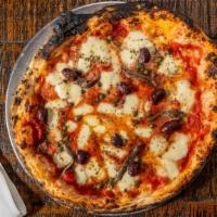 Acciughe Pizza · Comes with capers, cured black olives, garlic, and tomato.
