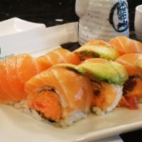 Crazy Roll · Spicy tuna inside, fresh salmon and avocado on top.